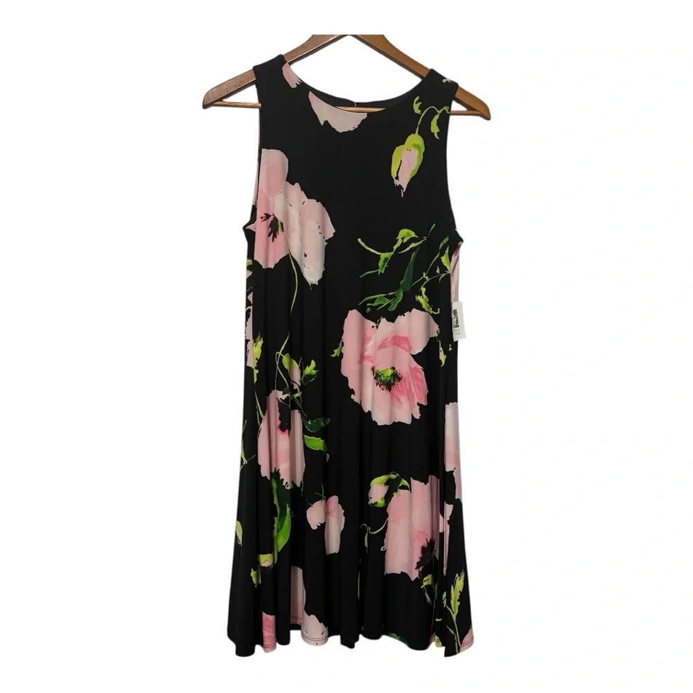 Anne Klein Sleeveless A-Line Floral Dress Women’s 8 NWT Flowy Chic Peony Black